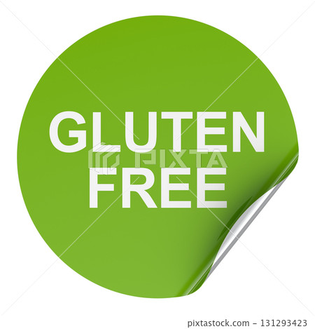 Gluten Free, green sticker with curled corner. 3D rendering Gluten Free, green sticker with curled corner. 3D rendering 131293423