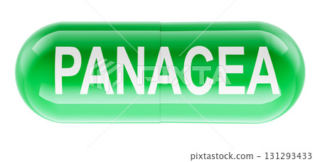 Panacea, green capsule pill. 3D rendering Panacea, green capsule pill. 3D rendering 131293433