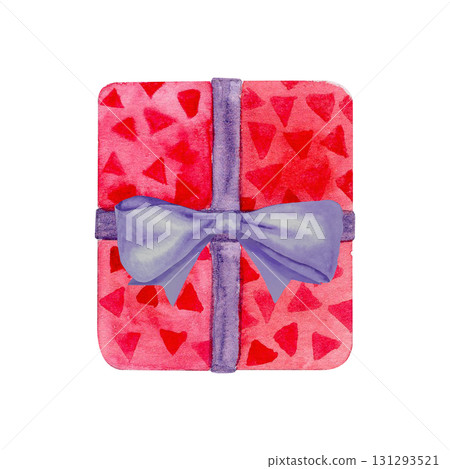 Rectangle gift box in red with violet ribbon and bow watercolor illustration isolated on white background. Perfect for holiday greeting cards, festive decoration, packaging design, Christmas design 131293521