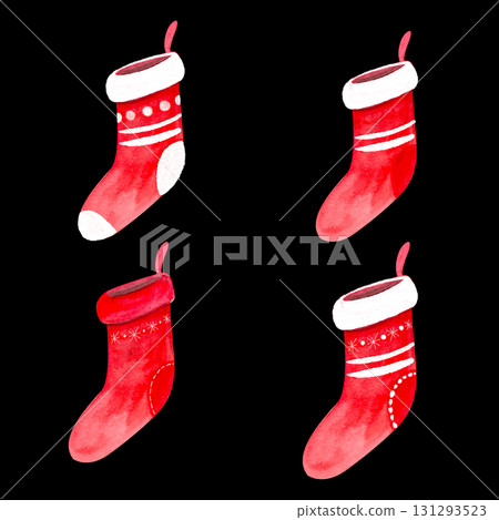Four red Christmas stockings with white cuffs and decorative patterns Watercolor illustration set isolated on black. Festive holiday clipart, perfect for cards, invitations, decor, wrapping Four red Christmas stockings with white cuffs and decorative patterns Watercolor illustration set isolated on black. Festive holiday clipart, perfect for cards, invitations, decor, wrapping 131293523