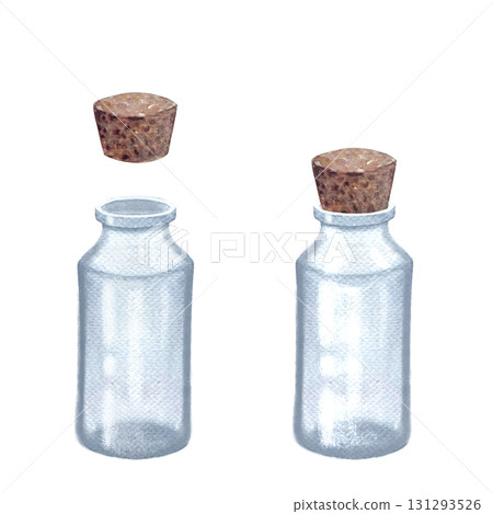 Glass bottles set with corks isolated on white. Hand painted in watercolor. Rustic high quality textured illustration in simple stile for vintage design, herbalism, home medicine, oil infusions 131293526