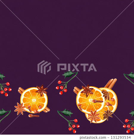 Orange slices with cinnamon sticks, anise stars, cloves, holly leaves, red berries watercolor border on dark purple. Perfect for festive invitations, seasonal menus, packaging, holiday stationery. 131293534