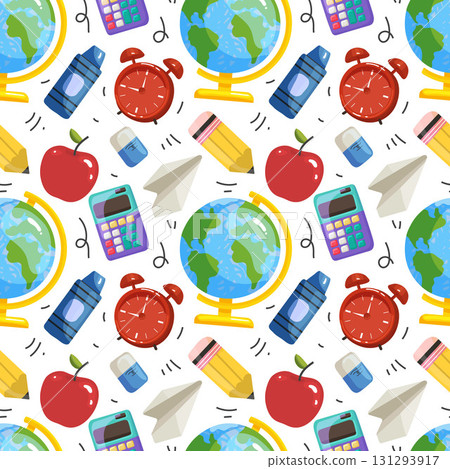 Seamless school supplies, color ruler pencil red apple globe alarm clock calculator eraser for postcards Seamless school supplies, color ruler pencil red apple globe alarm clock calculator eraser for postcards 131293917