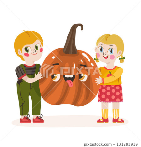 Two children, a girl and a boy are holding pumpkin, for festive autumn scene. Vector illustration Two children, a girl and a boy are holding pumpkin, for festive autumn scene. Vector illustration 131293919