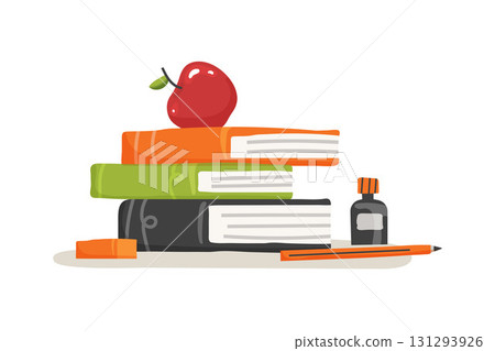 School supplies, a stack of books, an inkwell, a red apple, an eraser, a pen. Colored illustration for 1st of September School supplies, a stack of books, an inkwell, a red apple, an eraser, a pen. Colored illustration for 1st of September 131293926