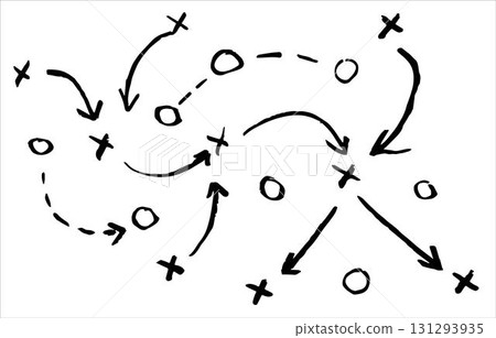 Game strategy diagram, soccer tactic plan with player positions, hand drawn sketch. Excellent for football coaching, team play, and training visuals, great for sport design. Game strategy diagram, soccer tactic plan with player positions, hand drawn sketch. Excellent for football coaching, team play, and training visuals, great for sport design. 131293935