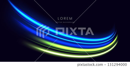 Blue and green curve ray on dark blue background. Hi speed motion moving concept. Blue and green curve ray on dark blue background. Hi speed motion moving concept. 131294000
