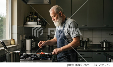 Senior man with beard cooking, showing his passion for home cooking process 131294269