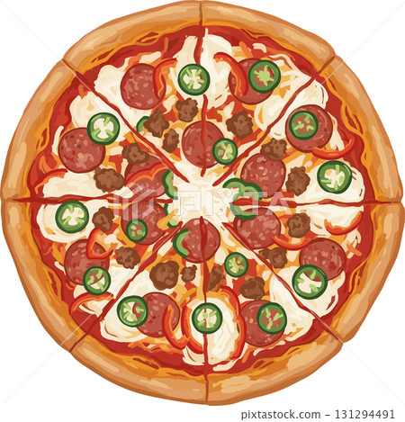 辣味香腸和起司披薩向量圖 131294491