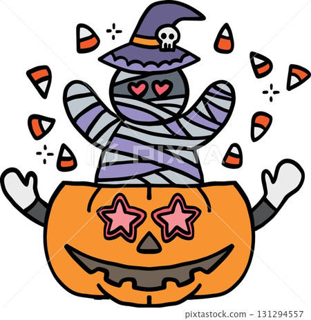 halloween Happy Halloween illustration with a cute mummy. in doodle color line style halloween Happy Halloween illustration with a cute mummy. in doodle color line style 131294557