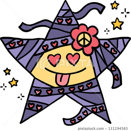 halloween Cheerful star with hearts and peace symbol in doodle color line style 131294565