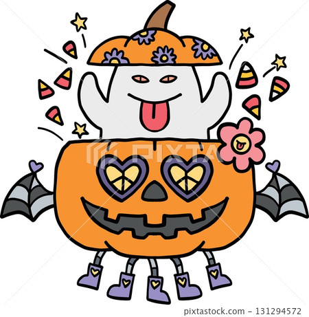 halloween Playful ghost in a pumpkin with whimsical details in doodle color line style 131294572