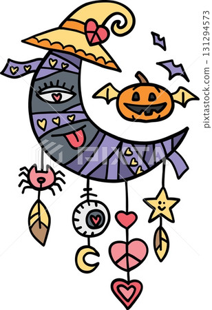 halloween Whimsical Halloween-themed mummy moon illustration in doodle color line style 131294573