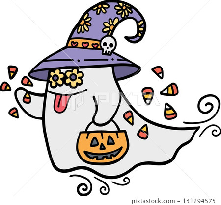 halloween Cute ghost wearing a hat with candy bucket in doodle color line style 131294575
