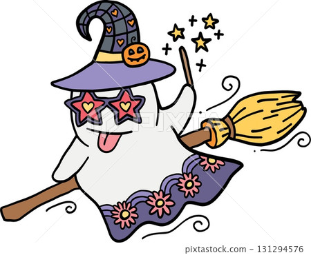 halloween Cheerful ghost in witch hat with broomstick in doodle color line style 131294576