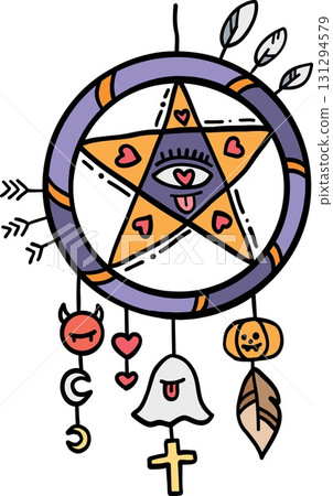 halloween Colorful dreamcatcher with mystical symbols and shapes in doodle color line style 131294579