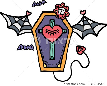 halloween Colorful coffin with heart and spiderweb designs in doodle color line style halloween Colorful coffin with heart and spiderweb designs in doodle color line style 131294583