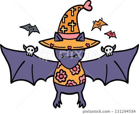 halloween Colorful bat wearing a whimsical witch hat in doodle color line style halloween Colorful bat wearing a whimsical witch hat in doodle color line style 131294584