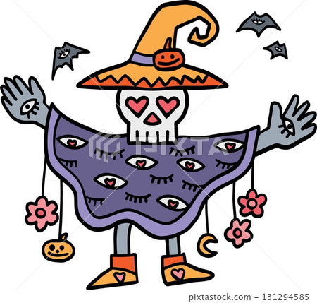 halloween Colorful skeleton in a witch hat and poncho. in doodle color line style 131294585