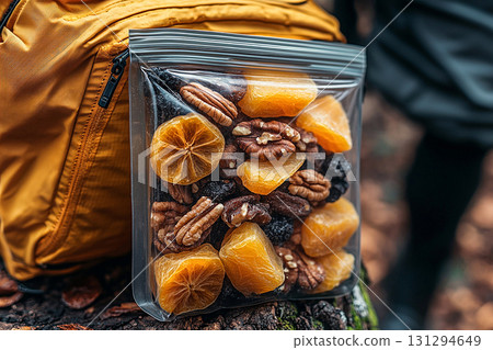 Dehydrated snacks. Energy food. Freeze-dried fruit and nuts in a transparent zip bag on a tree stump next to yellow backpack. 131294649