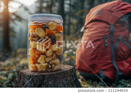 Trekking food. Trail mix. Packing for hiking. Freeze-dried fruit and nuts in a transparent zip bag on a tree stump next to red backpack. 131294650