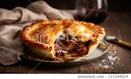 Golden veal meat pie with flaky crust and rich red wine gravy, styled with rustic textures, vintage props, and side lighting for a cozy, slow-cooked comfort food scene. Golden veal meat pie with flaky crust and rich red wine gravy, styled with rustic textures, vintage props, and side lighting for a cozy, slow-cooked comfort food scene. 131294829