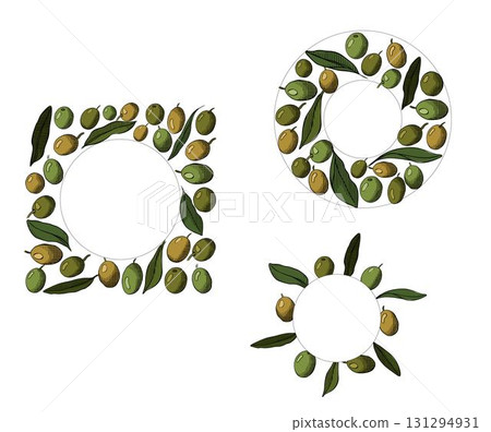 Olive leaf and berries wreath. circle round square set frame template. Vector graphic line ink colored illustration. for menu card banner invitation. Winner circle greek decoration. Olive leaf and berries wreath. circle round square set frame template. Vector graphic line ink colored illustration. for menu card banner invitation. Winner circle greek decoration. 131294931