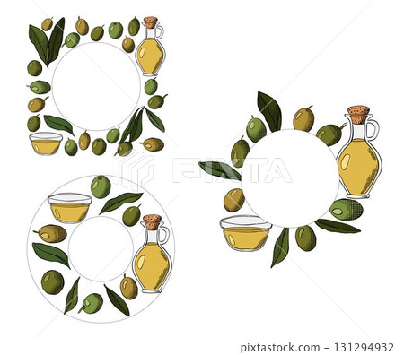 wreath of olive, olive festival in Spain, Olive oil, green berry and leaves circle round square set frame template. Vector graphic line ink colored illustration. for package, fabric and textile. wreath of olive, olive festival in Spain, Olive oil, green berry and leaves circle round square set frame template. Vector graphic line ink colored illustration. for package, fabric and textile. 131294932