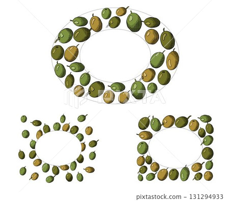 Olive berry Oval rectangle set frame template. Vector graphic line ink colored illustration. Italian food. Olives wreath for Mediterranean diet. for invitation, label, advertisement, packaging. 131294933