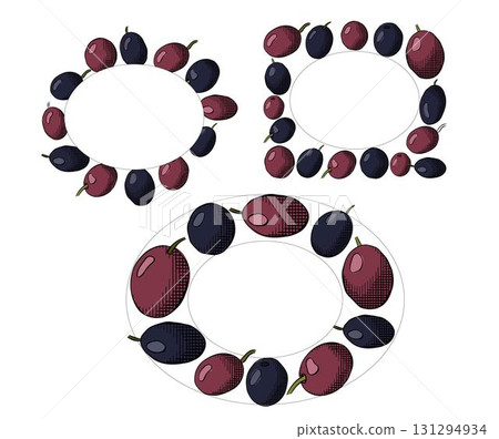 Olive black berry Oval rectangle set frame template. Vector graphic line ink colored illustration. Fruitless rosemary, bay leaf circle frame for card, food cosmetic label Isolated line art 131294934