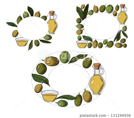 wreath of olive, olive festival in Spain, Olive oil, green berry and leaves Oval rectangle set frame template. Vector graphic line ink colored illustration. for package, fabric and textile. 131294936