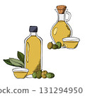 Olive oil bottle, berry, branch isolated set. Vector graphic line ink colored illustration. background for banners, print for fabric, labels, t-shirt printing. For logo, web, package, sticker. 131294950