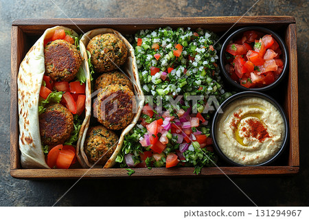 Falafel wrap, tabbouleh salad and hummus dip in a wooden lunch box. Middle Eastern lunch box. 131294967