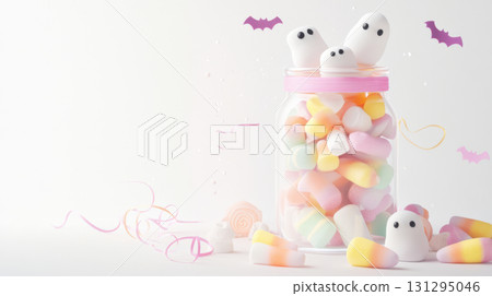 Pastel Halloween candy jar with cute ghost sweets and vintage ribbons, isolated for sublimation design 131295046