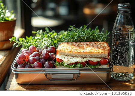 Lunch with a baguette sandwich, brie cheese and grapes. Parisian style lunch box. Lunch with a baguette sandwich, brie cheese and grapes. Parisian style lunch box. 131295083