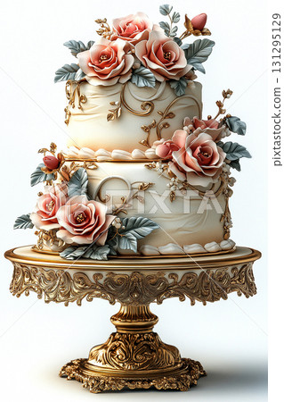 Various cakes in neutral tones on dessert stand with soft lighting. Various cakes in neutral tones on dessert stand with soft lighting. 131295129