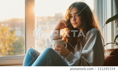 Young woman in vintage denim and oversized sweatshirt sitting on windowsill with mug, gazing through foggy glass at golden hour, warm light and film grain creating nostalgic atmosphere 131295154