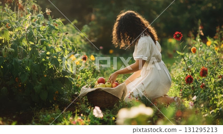 Rustic autumn moment of a woman with curly hair harvesting apples and flowers into a basket, surrounded by soft greens and burgundy tones, wind gently moving through the garden. Rustic autumn moment of a woman with curly hair harvesting apples and flowers into a basket, surrounded by soft greens and burgundy tones, wind gently moving through the garden. 131295213