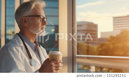 Senior doctor gazing out hospital window with coffee in hand during golden hour, soft light and warm tones highlighting a calm, reflective moment in a modern medical space. 131295251