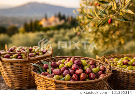 Harvested Olives in Wicker Baskets on Rustic Countryside Farm at Sunset With Olive Trees and Scenic Mountain Landscape Harvested Olives in Wicker Baskets on Rustic Countryside Farm at Sunset With Olive Trees and Scenic Mountain Landscape 131295314