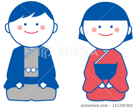 A man and a woman wearing kimono sit and greet each other 131295362