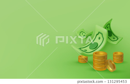 3D falling hundred dollars and gold coins. Cartoon paper currency and coins. Business and success investment background. Vector illustration 131295453