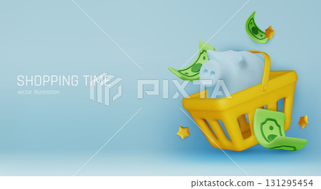 Shopping time concept with piggy bank, money bills, and basket, ideal for marketing, finance, and e-commerce design. 131295454
