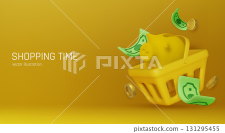Shopping time concept with piggy bank, money bills, and basket, ideal for marketing, finance, and e-commerce design. 131295455