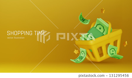Gold coins with green paper dollars, Cashier's checks. Realistic 3d design in cartoon style. Business financial investment. Creative concept. Trade cash back. Save savings. Vector illustration 131295456