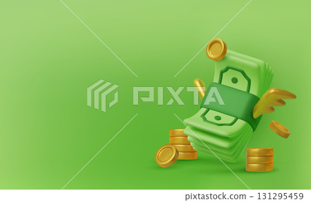 3D illustration of money with wings, representing wealth, financial independence, online payments, and modern digital economy. 131295459