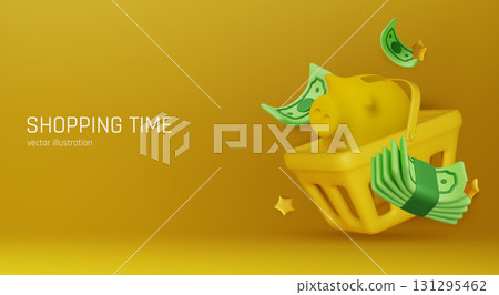 Yellow piggy bank inside shopping basket with flying money bills, symbolizing spending, shopping, savings, and financial consumer lifestyle. Yellow piggy bank inside shopping basket with flying money bills, symbolizing spending, shopping, savings, and financial consumer lifestyle. 131295462