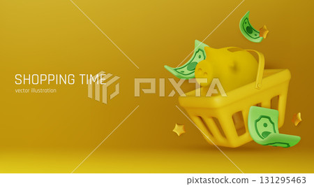 Yellow piggy bank inside shopping basket with flying money bills, symbolizing spending, shopping, savings, and financial consumer lifestyle. Yellow piggy bank inside shopping basket with flying money bills, symbolizing spending, shopping, savings, and financial consumer lifestyle. 131295463