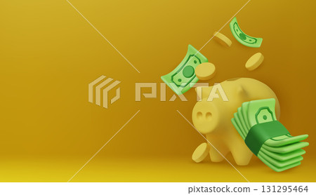Finance concept illustration with piggy bank, coins, and banknotes, ideal for investment, saving money, and personal financial planning. 131295464