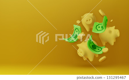 Money Piggy bank creative business concept. Realistic 3d design. Pink pig keeps gold coins. Safe finance investment. Financial services. Landing page template mockup for website. Vector illustration 131295467